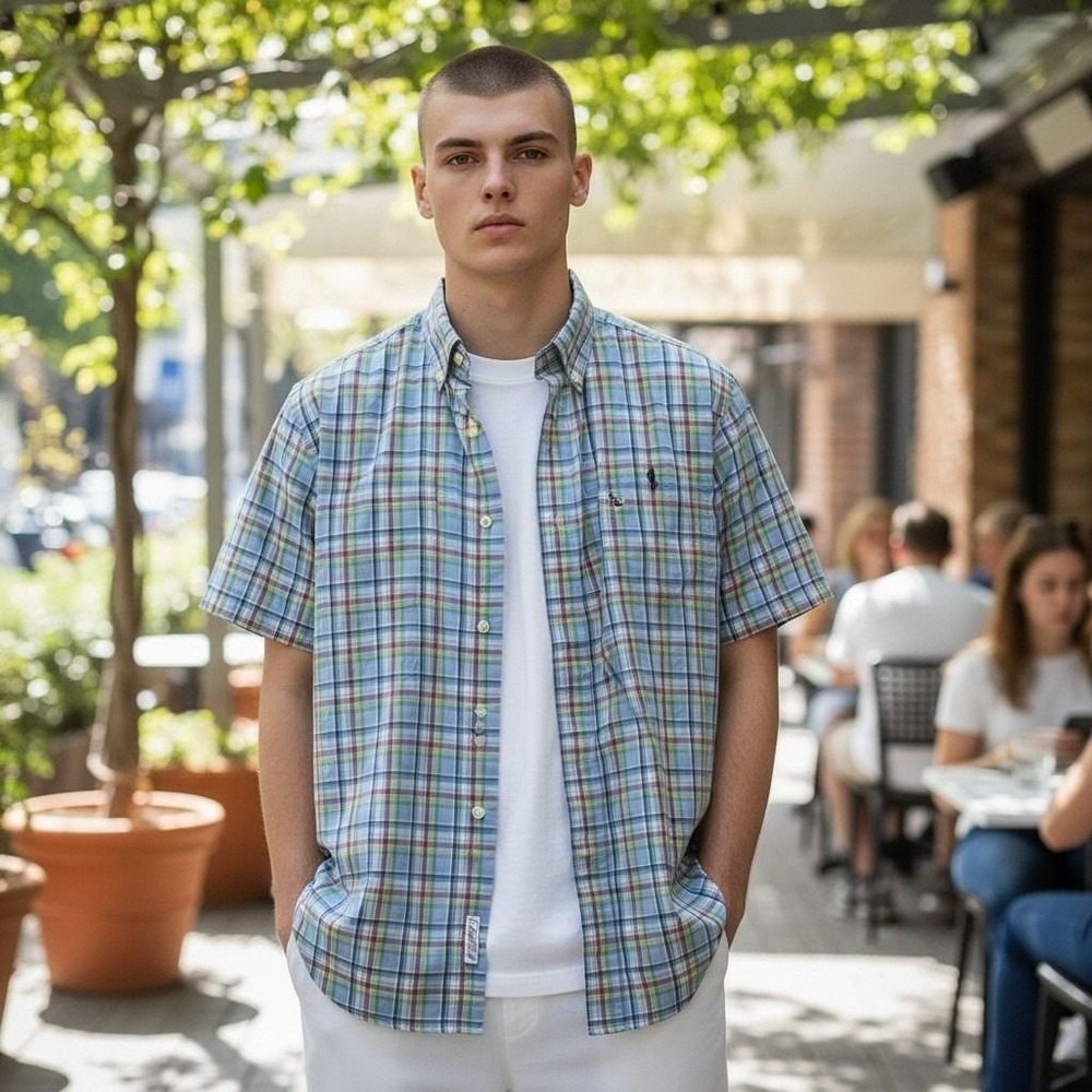 Ralph Lauren Button Down Shirt M Blue Plaid Short Sleeve Cotton Preppy Hamptons